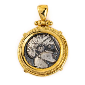 Athena & Wise owl coin pendant Silver & Gold Plated Ancient Greek jewellery - Afbeelding 1 van 5