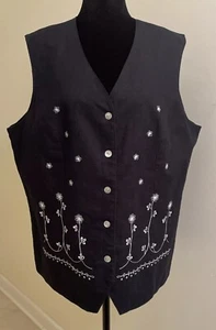 Vtg Stonebridge Black Embroidered Button Up Vest Size 1X Linen/Cotton Lined - Picture 1 of 10