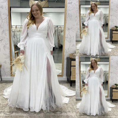 Plus Size Chiffon Wedding Dresses with Side Split Long Puff Sleeves Bridal Gowns - Image 1 of 4