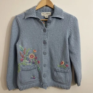 Appleseed’s 100% Cotton Sweater Blue Floral Embroidered Cottagecore Size .PM  - Picture 1 of 14