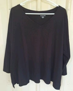Eileem Fisher Top XL Black Organic Cotton Knit 3/4 sleeve Round Neck Side Slits - Picture 1 of 12