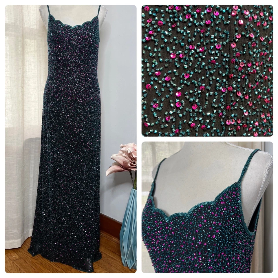Y2K Vintage Adrianna Papell Silk Dress Beads Sequins Black Pink Blue Size 10 - Image 1 of 4