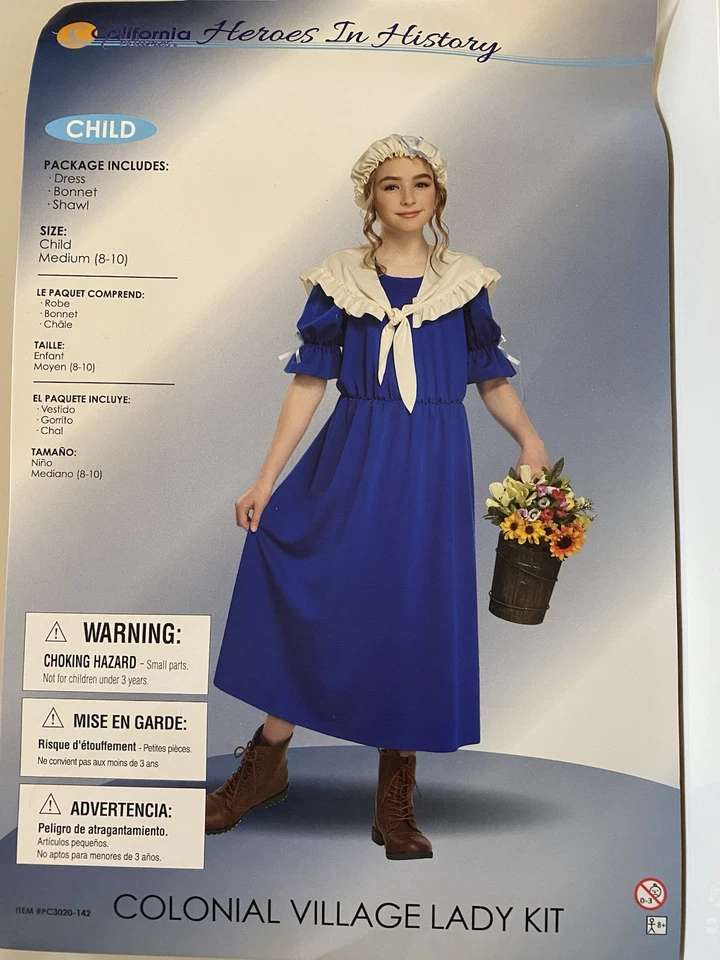 Novo Kit de Heróis na História Vila Colonial Lady Meninas Fantasia de Halloween M 8-10 - Imagem 1 de 3