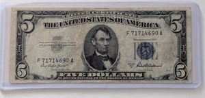 US Five Dollars, 1953 A, $5 Silver Certificate, Blue Seal  - Picture 1 of 2