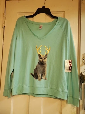 NEW BONGO Aqua Blue CAT w REINDEER ANTLERS Long Sleeve SHIRT Size L NWT $30 XMAS - Image 1 of 4