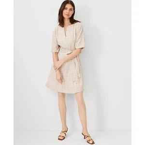 Ann Taylor Petite Lattice Linen Blend Split Neck Flare Dress 0P - Picture 1 of 3