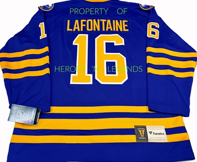 NUEVO CON ETIQUETAS-L * CAMISETA PAT LAFONTAINE BUFFALO SABLES 1993 PARCHE COPA STANLEY FANÁTICOS NHL Foto 1 de 4