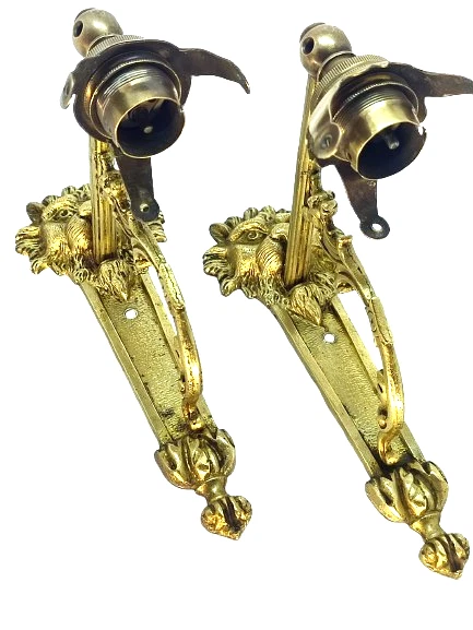 Paire d’Appliques Tête de Lion Rugissant – Laiton/Bronze Doré  – Art DéCO - Photo 1/4