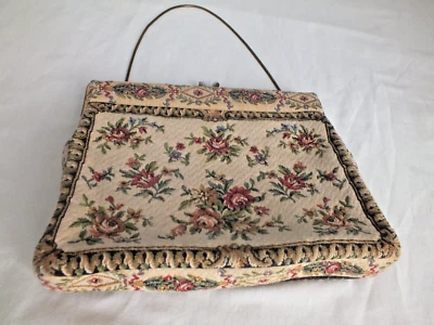 BOLSO TAPIZ VINTAGE Alemania mango de cadena cierre apretado bronceado granate ROSAS verde Foto 1 de 4