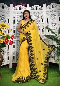 Pure Mol Cotton Trending Hand Made Yellow  Saree Cream  Applique Embroidary Work - Picture 1 of 6