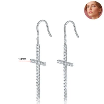 Full Real Moissanite Cross Drop Dangle Earrings 925 Silver 18K White Gold Plated - Image 1 of 4
