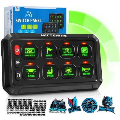 P1B-G08X 8 Gang Switch Panel, Green LED Light Bar Relay System Marine Boat 12/24 - Image 1 of 4