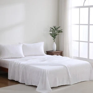 100% Linen Sheet Set 4pc 1 Flat Sheet 1 Fitted Sheet 2 Pillowcases Soft Bedding - Picture 1 of 22