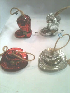 Vintage Christmas Glass Mosaic Christmas Ornament 2 Boots & 2 Hat Red & Silver - Picture 1 of 7