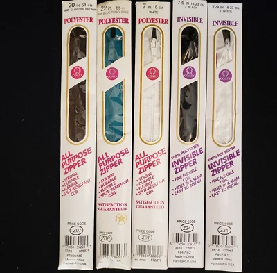 Coats and Clark Lot of 5 New Zippers Invisible and All Purpose Polyester - Image 1 of 4