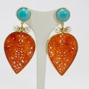 Pendientes de Plata 925 Dorado Con Amazonita Perlas Y Jade Naranja Aght 0721 - Imagen 1 de 3