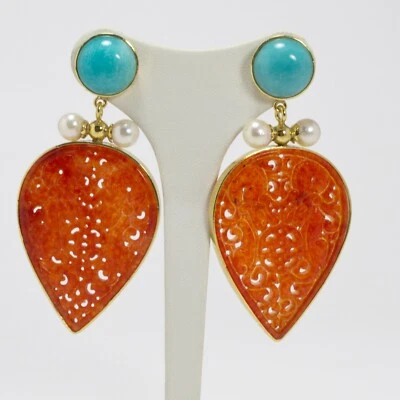 ORECCHINI IN ARGENTO 925 DORATO CON AMAZZONITE PERLE E GIADA ARANCIO AGHT 0721 - Immagine 1 di 3