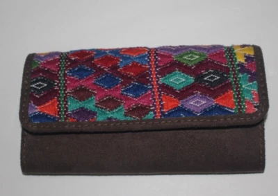 Nuevo: Cartera multicolor tejida textil sobre cuero marrón importada de Guatemala Foto 1 de 4