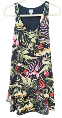 Vestido Cupio Negro Tropical Floral Sin Mangas Dobladillo en Niveles S Ventoso Fluido Para Mujer Foto 1 de 4