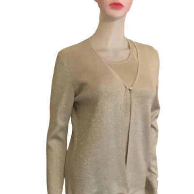 Conjunto Suéter Vintage Años 90 Neiman Marcus Metálico Plateado 2 Piezas S Cardigan Shell Foto 1 de 4