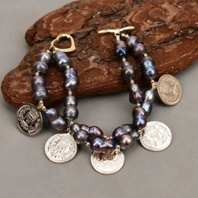 Brazalete de cuentas gemelas de perlas Keshi negras naturales de 8"" 2 filas color dorado dijes Foto 1 de 4