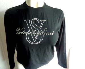 NWT Medium  Victoria’s Secret VS Logo printed Long Sleeve Crop Top Blouse Black - Picture 1 of 2