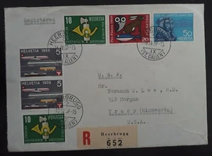 1959 Switzerland Registd Cover ties 6 Events stamps cancelled Heersbrugg to USA - Picture 1 of 2