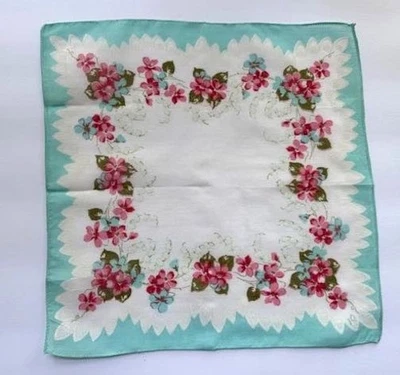 DE COLECCIÓN AÑOS 50 ESTAMPADO FLORAL HANKY AQUA AZULES TONOS DE ROSA EXCELENTE NUEVO Foto 1 de 3