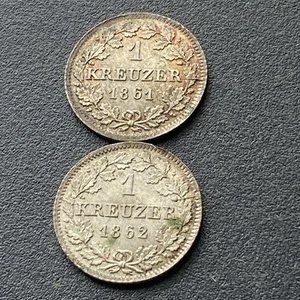 2x German States 1 Kreuzer 1861 & 1862 Silver Coins Pair Lot #C56 - Picture 1 of 2