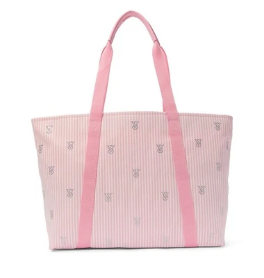 NWT Victoria's Secret HERITAGE STRIPE Tote Bag Pink White VS LOGO RHINESTONES - Image 1 of 2