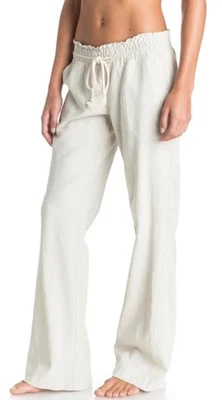 $44 Pantalones de Lino Roxy Oceanside Acampanados Crema Náuticos Playa Bolsillos Cuerda Grande Foto 1 de 4