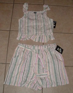 NEW NWT Girls XXL / 18 Linen Blend Smocked Sleeveless Shirt & Shorts 2 Pc Outfit - Picture 1 of 3