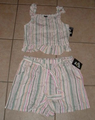 NUEVO NUEVO CON ETIQUETAS Niñas XXL/18 Mezcla de Lino Camisa y Pantalones Cortos Sin Mangas Conjunto de 2 Piezas Foto 1 de 3