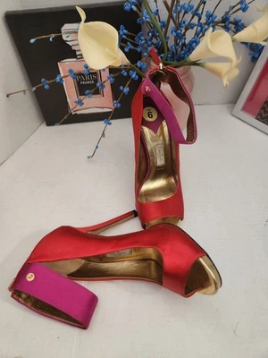 Kate Spade Heels Sz 9 NY Vero Cuoio Satin Red & Pink Peep Toe Shoes Missing Bow - Image 1 of 4