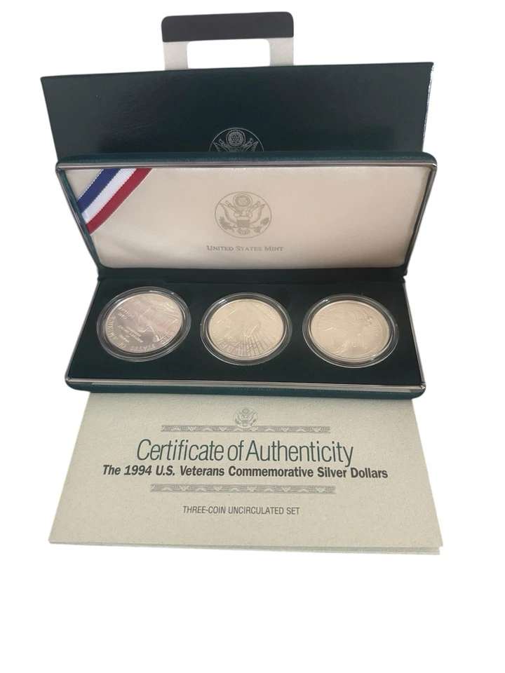1994 US Veterans 3 Coin Three Silver Dollar Commemorative  Proof Set OGP Box COA - Image 1 of 3