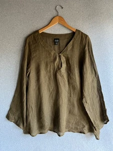 Eileen Fisher Blouse Womens XL Green 100% Linen Tunic Minimalist Boho Beachy - Picture 1 of 9