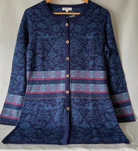 Women’s Novica Peru Blue Floral Jacquard Alpaca Wool Knit Long Cardigan Size M - Picture 1 of 4