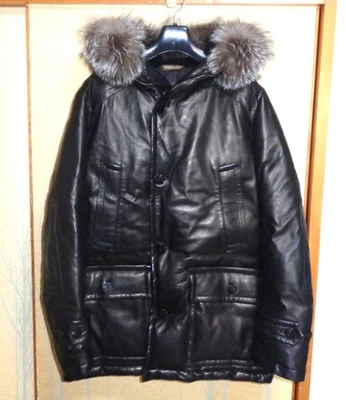 Paul Stuart Lamb Leather Down Puffer Coat 50 Bk Mens Fox Fur JAPAN Made Blouson - Image 1 of 4