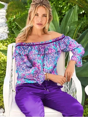 NEW Lilly Pulitzer CEECEE TOP Turquoise Oasis Shelleidoscope Pink Blue  XS - Image 1 of 4