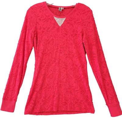 BKE Red Shirt Preppy Sequins Distressed Long Sleeves Subtle Floral Womens Size L - Image 1 of 4