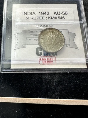 1943  (c)  India, Quarter Rupee, Coin Mart Graded**AU-50** KM# 546 - Image 1 of 4