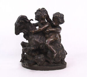 Antique Bronze Sculpture Figural Group of Putti Riding a Goat