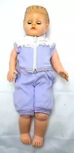 Vtg Eegee 15" Rubber Doll w/ Molded Bun and Blue Sleepy Eyes Violet Sweat Suit - Picture 1 of 9