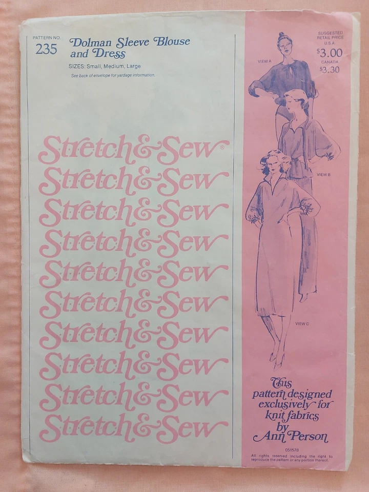Stretch & Sew 235 Vintage Misses' Dolman Sleeve Blouse & Dress Pattern Sz 28-44 - Image 1 of 2