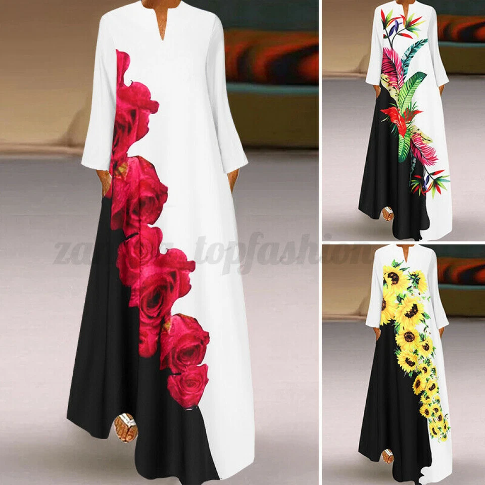 Vestido de festa feminino noite vintage estampa floral Kaftan solto longo maxi camisa vestido - Imagem 1 de 4