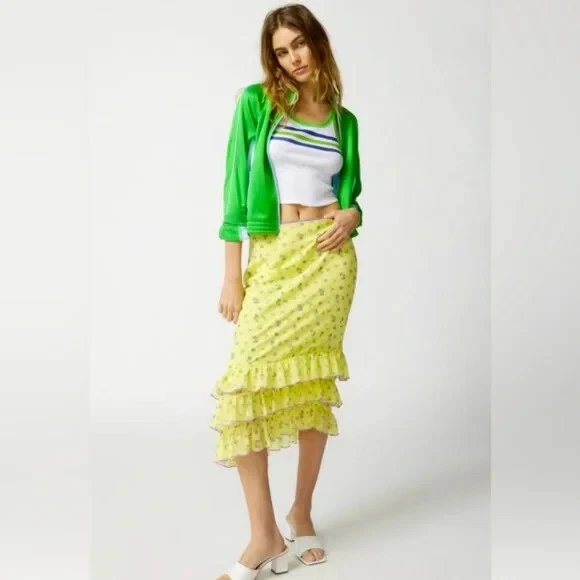 Falda midi UO Kimchi Azul Lenora Gasa Volantes Nueva Sin Etiquetas Talla S Verde/Púrpura Foto 1 de 4