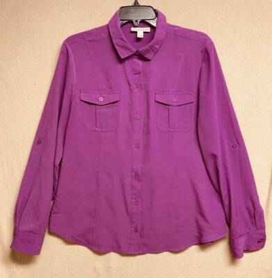 Camisa con botones Dana Buchman manga enrollable bolsillos blusa para mujer talla L púrpura Foto 1 de 4