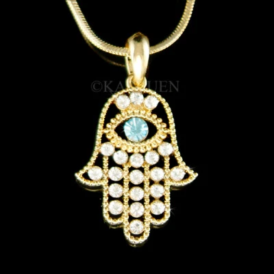 Jüdisch ~ Hamsa Hand Blau Böse Auge ~ mit Swarovski Kristall Goldfarben - Bild 1 von 2
