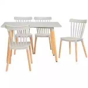 5 Piece Dining Table Set Space Saving 4 Chairs Beech Wood Legs Natural Tone Grey - Picture 1 of 12
