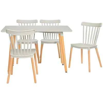 5 Piece Dining Table Set Space Saving 4 Chairs Beech Wood Legs Natural Tone Grey - Image 1 of 4